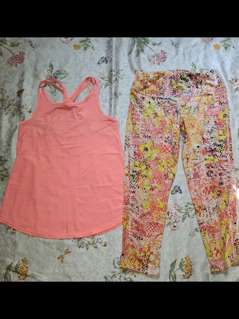 DSG Coral Pink Tank Top with Coral, Yellow & White Printed Leggings